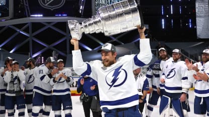 Jan Rutta #44 of the Tampa Bay Lightning hoists the Stanley Cup overhead after the Tampa Bay Lightning defeated the Dallas Stars 2-0 in Game Six of the NHL Stanley Cup Final to win the best of seven game series 4-2 at Rogers Place on September 28, 2020 in Edmonton, Alberta, Canada. (Photo by Dave Sandford/NHLI via Getty Images)