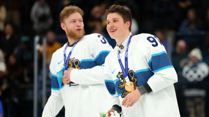 MILAN, ITALY - FEBRUARY 21: Oliver Kapanen #91 of Team Finland celebrates after the Men's Bronze Medal match between Slovakia and Finland on day fifteen of the Milano Cortina 2026 Winter Olympic games at Milano Santagiulia Ice Hockey Arena on February 21, 2026 in Milan, Italy. (Photo by Gregory Shamus/Getty Images)