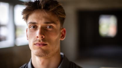 Radim Mrtka poses for a portrait during the 2025 NHL Scouting Combine at the HarborCenter on June 04, 2025 in Buffalo, New York. (Photo by Chase Agnello-Dean/NHLI via Getty Images)
