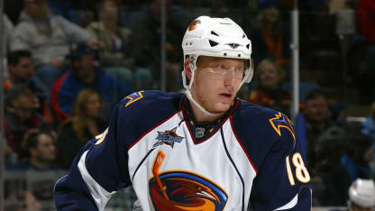 Marian Hossa #18 of the Atlanta Thrashers skates against the New York Islanders on February 16, 2008 at Nassau Coliseum in Uniondale, New York (Photo by Mike Stobe/NHLI via Getty Images)