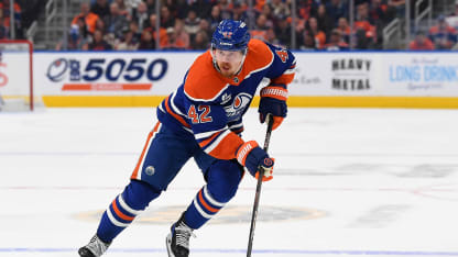 Kasperi Kapanen #42 of the Edmonton Oilers in action during the game against the Vancouver Canucks at Rogers Place on October 11, 2025, in Edmonton, Alberta, Canada. (Photo by Andy Devlin/NHLI via Getty Images)