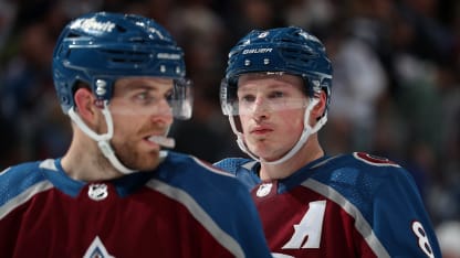 Devon Toews #7 and Cale Makar #8 of the Colorado Avalanche look on during a pause in play against the Seattle Kraken in Game Two of the First Round of the 2023 Stanley Cup Playoffs at Ball Arena on April 20, 2023 in Denver, Colorado. (Photo by Michael Martin/NHLI via Getty Images)
