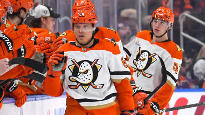 Mikael Granlund #64 of the Anaheim Ducks celebrates a second-period goal at the bench during the game against the Edmonton Oilers at Rogers Place on January 26, 2026, in Edmonton, Alberta, Canada. (Photo by Andy Devlin/NHLI via Getty Images)