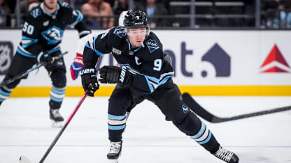 Clayton Keller #9 of the Utah Mammoth skates with the puck during the third period against the Montreal Canadiens at Delta Center on November 26, 2025 in Salt Lake City, Utah. (Photo by Hunter Dyke/NHLI via Getty Images)