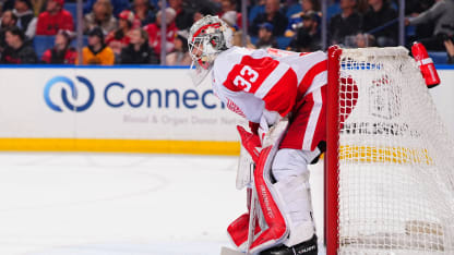 Sebastian Cossa #33 of the Detroit Red Wings tends goal during the second period an NHL game against the Buffalo Sabres on December 9, 2024 at KeyBank Center in Buffalo, New York. (Photo by Ben Ludeman/NHLI via Getty Images)