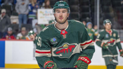 David Jiricek #55 of the Minnesota Wild warms up prior to the game against the Vancouver Canucks at the Xcel Energy Center on December 3, 2024 in Saint Paul, Minnesota. (Photo by Bruce Kluckhohn/NHLI via Getty Images)