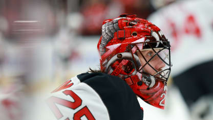 Jacob Markstrom #25 of the New Jersey Devils looks on during warmups before the game against the Anaheim Ducks at Honda Center on December 31, 2024 in Anaheim, California. (Photo by Nicole Vasquez /NHLI for Getty Images )