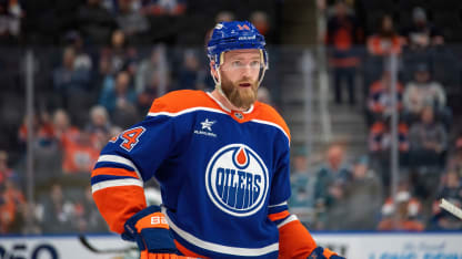 Mattias Ekholm #14 of the Edmonton Oilers warms up prior to the game against the San Jose Sharks at Rogers Place on April 11, 2025, in Edmonton, Alberta, Canada. (Photo by Leila Devlin/Getty Images)