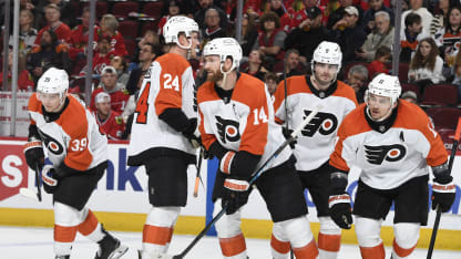 The Philadelphia Flyers celebrate after Travis Konecny #11 scores against the Chicago Blackhawks in the second period at the United Center on March 23, 2025 in Chicago, Illinois. (Photo by Bill Smith/NHLI via Getty Images)