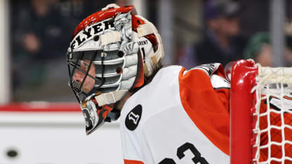 Samuel Ersson #33 of the Philadelphia Flyers looks on against the Dallas Stars at the Xfinity Mobile Arena on March 29, 2026 in Philadelphia, Pennsylvania. (Photo by Len Redkoles/NHLI via Getty Images)