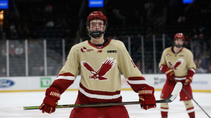 James Hagens #10 of the Boston College Eagles skates against the Northeastern Huskies in the third period during NCAA hockey in the semifinals of the annual Beanpot Hockey Tournament at TD Garden on February 3, 2025 in Boston, Massachusetts. The Eagles won 8-2. (Photo by Richard T Gagnon/Getty Images)