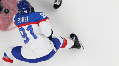 Matus Sukel #91 of Team Slovakia face off in the first period during the Men's Preliminary Group B match between Sweden and Slovakia on day eight of the Milano Cortina 2026 Winter Olympic games at Milano Santagiulia Ice Hockey Arena on February 14, 2026 in Milan, Italy. (Photo by Jared C. Tilton/Getty Images)