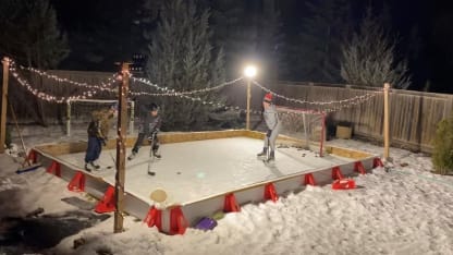 Dane and Ashton shoot pucks by Benson in the yard.