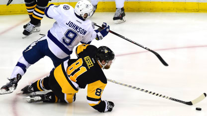 Tyler Johnson collides with Phil Kessel