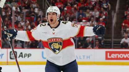 MAY 20: Aaron Ekblad #5 of the Florida Panthers celebrates with Gustav Forsling #42 after scoring a goal against the Carolina Hurricanes during the first period in Game One of the Eastern Conference Final of the 2025 Stanley Cup Playoffs at Lenovo Center on May 20, 2025 in Raleigh, North Carolina. (Photo by Bruce Bennett/Getty Images)