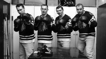 Black Hawks Pierre Pilot Reg Fleming Stan Mikita Elmee Vasko during the 1961 Stanley Cup Final