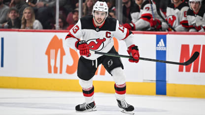 Nico Hischier #13 of the New Jersey Devils skates during the first period against the Montreal Canadiens at the Bell Centre on October 24, 2023 in Montreal, Quebec, Canada.