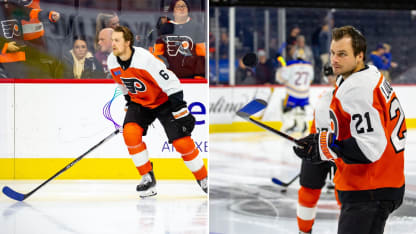 Flyers, Sabres tape sticks blue during warmups to show support for Maine