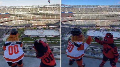 Gritty NJ Devil mascot trick shots Stadium Series