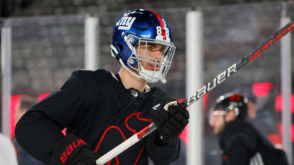 Devils Stadium Series practice Kevin Bahl wears Giants helmet
