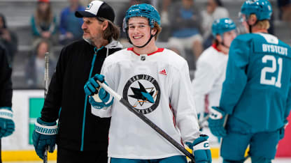 Macklin Celebrini on ice for first time as member of Sharks