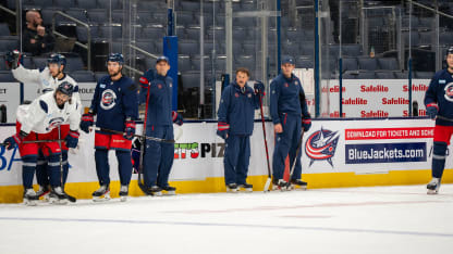 Guy Gaudreau at CBJ practice on ice along boards