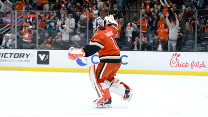 Lukas Dostal #1 of the Anaheim Ducks celebrates the 5-4 overtime victory over the Utah Hockey Club at Honda Center on October 16, 2024 in Anaheim, California. (Photo by Nicole Vasquez/NHLI via Getty Images)