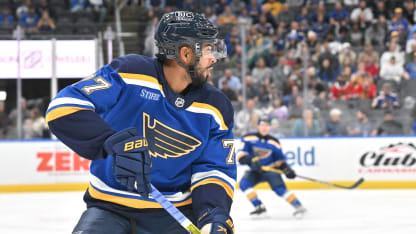 ST. LOUIS, MO - SEPTEMBER 28: St. Louis Blues defenseman Leo Loof (77) handles the puck during a preseason NHL game between the Chicago Blackhawks and the St. Louis Blues, on September 28, 2024, at Enterprise Center, St. Louis, MO.