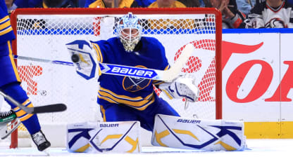 Ukko-Pekka Luukkonen #1 of the Buffalo Sabres makes a save against the Dallas Stars during an NHL game on October 22, 2024 at KeyBank Center in Buffalo, New York. (Photo by Bill Wippert/NHLI via Getty Images)