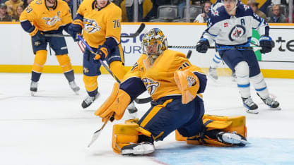 Juuse Saros #74 of the Nashville Predators makes a save against the Winnipeg Jets during an NHL game at Bridgestone Arena on November 23, 2024 in Nashville, Tennessee. (Photo by John Russell/NHLI via Getty Images)