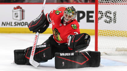 Petr Mrazek #34 of the Chicago Blackhawks makes a save against the Columbus Blue Jackets during the first period at the United Center on December 01, 2024 in Chicago, Illinois. (Photo by Michael Reaves/Getty Images