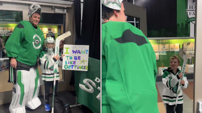 Jake Oettinger gifts fan stick at Dallas Stars practice