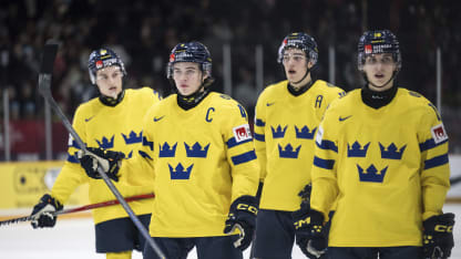 Tom Willander, Axel Sandin-Pellikka, David Edstrom and Victor Eklund of Sweden during the 2025 IIHF World Junior Championship game between Switzerland and Sweden