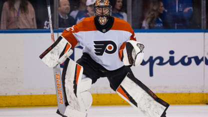 Samuel Ersson #33 of the Philadelphia Flyers skates during warmups prior to the game against the New York Rangers at Madison Square Garden on January 23, 2025 in New York City. (Photo by Michael Mooney/NHLI via Getty Images)