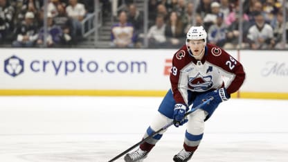 Nathan MacKinnon #29 of the Colorado Avalanche skates the puck against the Los Angeles Kings in the first period at Crypto.com Arena on October 07, 2025 in Los Angeles, California. (Photo by Ronald Martinez/Getty Images)