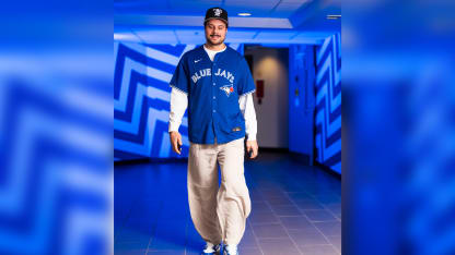 Auston Matthews wears Vladimir Guerrero Jr Blue Jays jersey