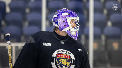 Sergei Bobrovsky shows off his Hockey Fights Cancer goalie mask