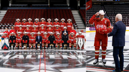Lanny McDonald presenting cowboy hats to Team CHL