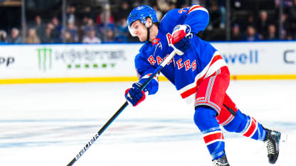 Adam Fox #23 of the New York Rangers shoots the puck against the Tampa Bay Lightning at Madison Square Garden on November 29, 2025 in New York City. (Photo by Jared Silber/NHLI via Getty Images)
