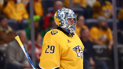Justus Annunen #29 of the Nashville Predators looks down the ice during the first period of the game against the Dallas Stars on October 26, 2025 at Bridgestone Arena in Nashville. (Photo by Casey Gower/NHLI via Getty Images)