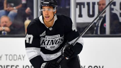 Andre Lee #47 of the Los Angeles Kings skates on the ice during the first period against the Anaheim Ducks in a pre-season game at the Toyota Arena on September 21, 2025 in Ontario, California. (Photo by Gary A. Vasquez/NHLI via Getty Images)