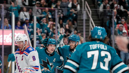 Celebrini strikes first with 50th NHL goal