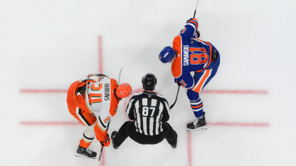 Josh Samanski #81 of the Edmonton Oilers faces off against Jansen Harkins #24 of the Anaheim Ducks during the third period of the game at Rogers Place on January 26, 2026, in Edmonton, Alberta, Canada. (Photo by Andy Devlin/NHLI via Getty Images)