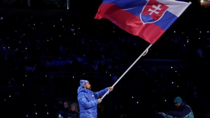 Flagbearer Tomas Tatar of Team Slovakia enters with the team into the stadium during the opening ceremony of the Milano Cortina 2026 Winter Olympics at San Siro Stadium on February 06, 2026 in Milan, Italy. (Photo by Sarah Stier/Getty Images)