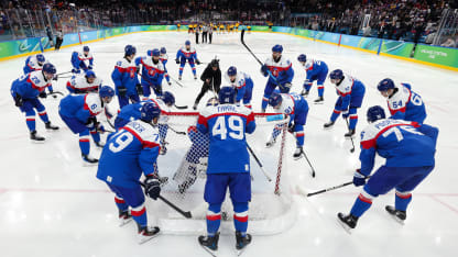Players of Team Slovakia huddle up prior to the Men's Quarterfinals Playoff match between Slovakia and Germany on day 12 of the Milano Cortina 2026 Winter Olympic games at Milano Santagiulia Ice Hockey Arena on February 18, 2026 in Milan, Italy. (Photo by Bruce Bennett/Getty Images)