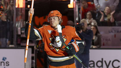 ANAHEIM, CA - MARCH 22: Mikael Granlund #64 of the Anaheim Ducks is recognized as a star of the game after defeating the Buffalo Sabres 6-5 in overtime of the game at Honda Center on March 22, 2026 in Anaheim, California. (Photo by Kelly Smiley/NHLI via Getty Images)