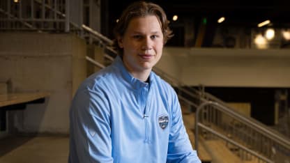 BUFFALO, NEW YORK - JUNE 05: Eddie Genborg poses for a portrait during the 2025 NHL Scouting Combine at the HarborCenter on June 05, 2025 in Buffalo, New York. (Photo by Chase Agnello-Dean/NHLI via Getty Images)
