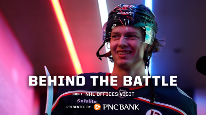 Kent Johnson Reacts To Seeing His Highlights on the BIG SCREEN at the NHL Offices | Behind the Battle Short