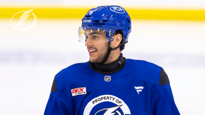 A familiar face in a new place: forward Lucas Mercuri meets UMass mentor forward Mitchell Chaffee at Tampa Bay Lightning development camp