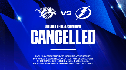 MONDAY’S LIGHTNING GAME VERSUS NASHVILLE CANCELLED